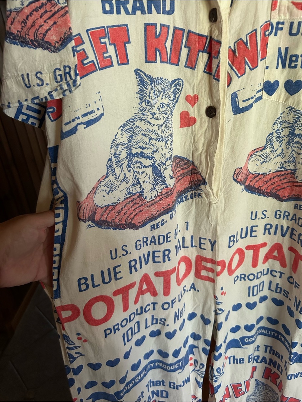 Vintage Sweet Kitten Cat Print Potatoes Short-Sleeve jumpsuit - Cream/Red/Blue
